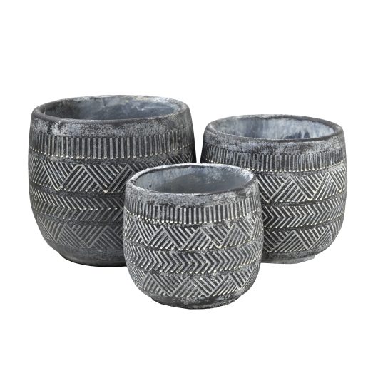 A set of three GeoLite Barrell Pot Slate dark grey with geometric designs.