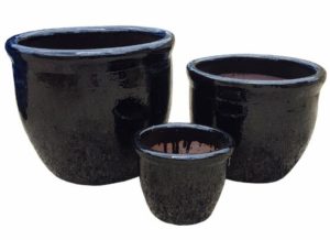 Three black ceramic pots for gardens and plants