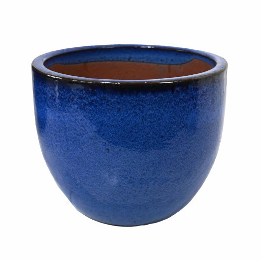 A blue ceramic planter pot on a white background for featur eplants glazed bright blue pots