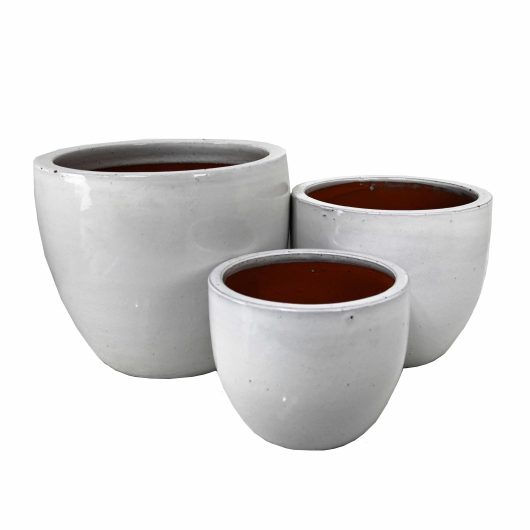 Three Glazed Squat Egg White S 22x19cm pots on a white background.