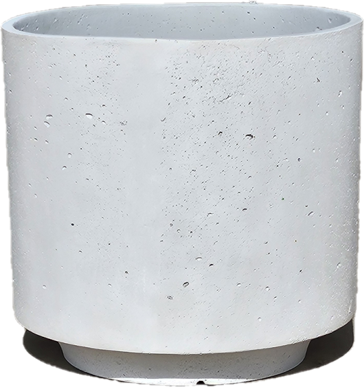 The Grampians Cylinder White S 28x28cm planter features a plain cylindrical shape with a matching saucer and a textured surface decorated with small holes and speckles.