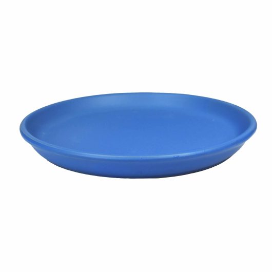 A blue plastic saucer plate for pot plants on a white background.