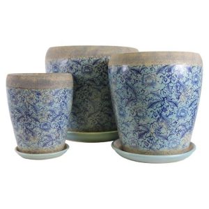 Three Tang Rustica Tall Planter blue with Saucer pots for plants with white patterns