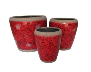 Three Tang Rustica Tall Planter Red with Saucer S 24x29cm vases on a white background. AND BLACK FLORALDISPLAY