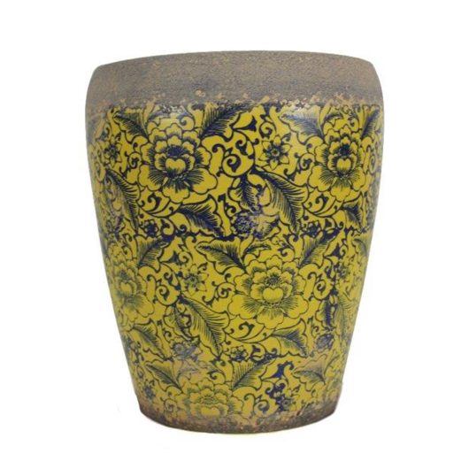 A Tang Rustica Tall Planter Yellow with Saucer with a floral pattern.