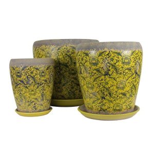 Three Tang Rustica Tall Planters Yellow with Saucer and pot for plants with yellow and black designs on them.