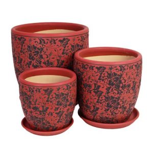 A set of three different sized plant pots Tang Egg Lotus red and black designs