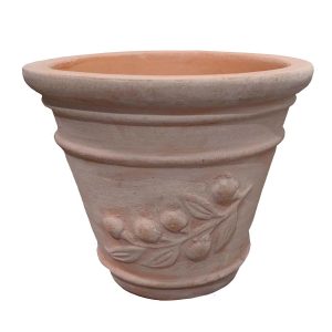 A terracotta decorative planter pot with a leaf design on it for feature plants