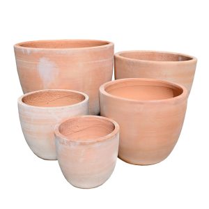 Five terracotta planter pots different sizes for feature plants