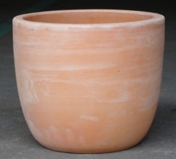 An orange terracotta pot sitting on a concrete floor for feature plants