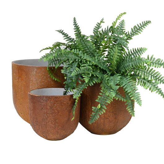 limecrete egg pot antique rust brown coloured. three decorative feature pots for plants with a fern inside