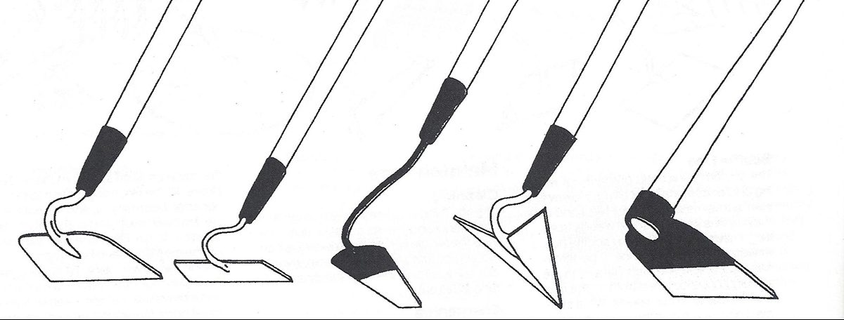 Four different types of shovels in modern garden styles are shown in a black and white drawing.