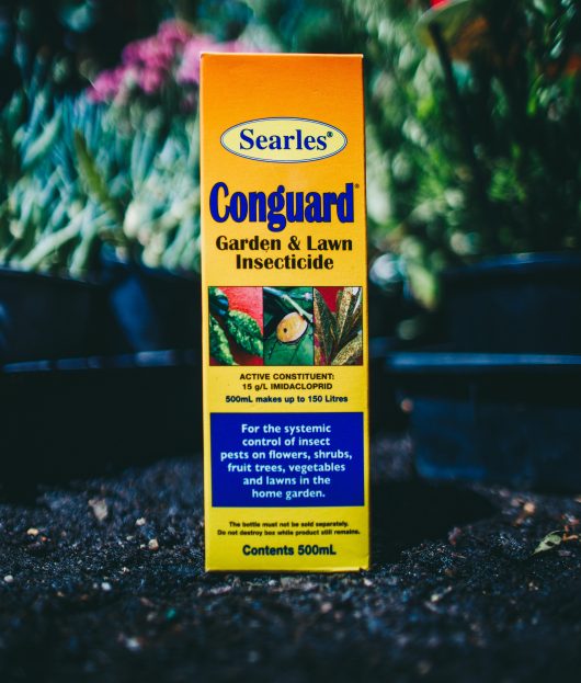 A box of Searles Conguard Garden & Lawn Insecticide 500ml, in front of a plant.