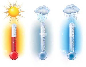 Three thermometers with different temperatures in a garden design - stock image.