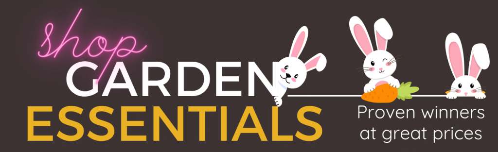 Promotional banner for garden essentials with a playful design featuring cartoon bunnies and a tagline highlighting quality, affordability, and "Plants & Trees for $1".