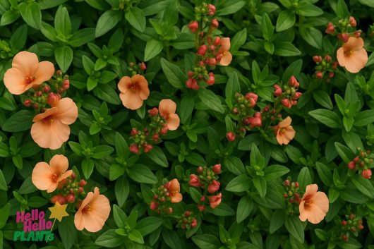 Clusters of small orange Diascia 'Apricot' flowers and red buds stand out against dense green foliage, with the "Hello Hello Plants" logo in the bottom left. This 6" pot is perfect for brightening your space.
