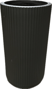 Tall black ribbed cylindrical vase isolated on white background.