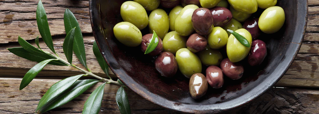 A variety of green and purple olives in a rustic metal bowl with olive branches from the planting garden on a wooden surface.