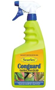 A bottle of Searles 'cONGUARD' Spray 1L with a spray nozzle, labeled for controlling garden pests and containing pyrethrum.
