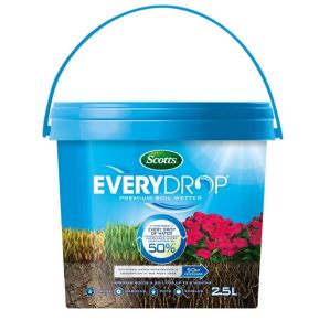 Sentence with product name: Blue bucket of Scotts 'Everydrop Wetting Agent' 2.5L, labeled to reduce water usage by 50%.