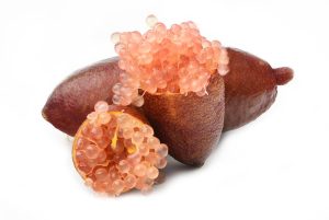 Whole and sliced finger limes with translucent pink caviar-like pulp visible, isolated on a white background. Citrus Red Finger Lime fruit citrus australasica