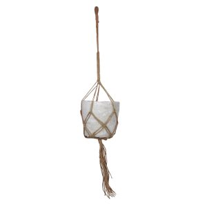 A white pot is held by a macramé plant hanger made of brown rope, showcasing a decorative tassel at the bottom. This stylish addition brings an auto-draft charm to any space.