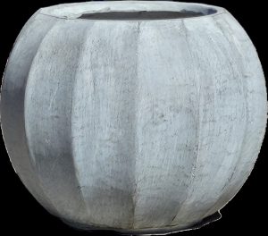 The GeoLite Ribbed Sphere Planter Grey Wash M 36x28cm features a round, gray, concrete design with a textured surface and vertical grooves, all finished in a stylish Grey Wash. Measuring 36x28cm, it elegantly stands on a dark base.