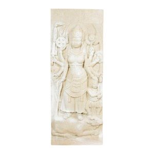 A rectangular stone relief, displaying a standing figure with multiple arms, is surrounded by smaller figures and intricate details, bringing to life an ancient tableau that looks almost like an artistic auto-draft.