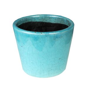 A small turquoise ceramic pot with a slightly tapered shape, featuring a cracked surface pattern, reminiscent of a Tang Antique Cover Pot Rustic Blue 12x10cm S. Measuring 12x10cm, this rustic blue piece adds a touch of timeless charm to any space.