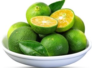 A Citrus Cumquat 'Green' 10" Pot holds a white bowl filled with whole and sliced green limes, accompanied by fresh green leaves, adding a vibrant touch of citrus cumquat.