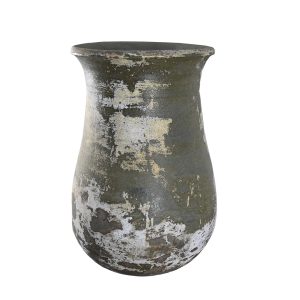 A weathered, moss-green UrbanCrete Deep Bowl Cement S 70x61cm (Copy) with a wide rim and bulbous base. It features patches of peeling paint and a rustic, aged appearance, reminiscent of a deep bowl cement look.