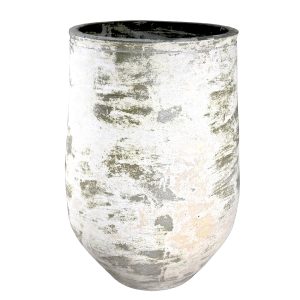 A tall, cylindrical ceramic vase with a distressed white and grey finish, reminiscent of a hidden treasure. The Hidden Treasure Caracus Urn 50x80cm (Copy) adds an elegant charm to any space.