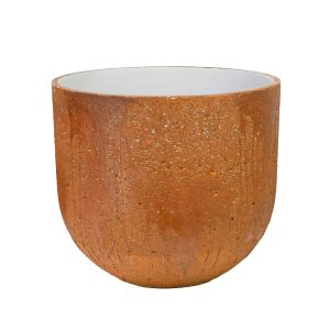 A tan-colored, textured ceramic cup with a white interior, featuring a simple, curved design reminiscent of UrbanCrete Deep Bowl Cement S 70x61cm (Copy).