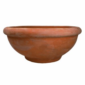The Eurocotta Garden Bowl Traditional M 38x15cm (Copy) is a traditional round, reddish-brown terracotta bowl with a slightly tapered base and a thick rim, measuring 38x15cm.
