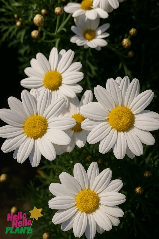 Close-up of blooming Argyranthemum 'Crystal' Marguerite Daisy flowers with yellow centers and lush green foliage in the background; "Hello Hello PLANTS" logo appears in the bottom left corner. 6" Pot shown.