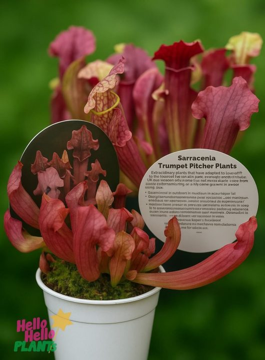 The Sarracenias 'Pitcher Plants' 3" Pot comes in a white container and includes informational labels with details about the plant and its care.