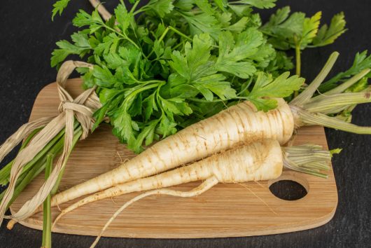 Parsley root and fresh leaves from the Parsley 'Hamburg' 4" Pot are elegantly arranged on a wooden cutting board, resting on a dark surface.