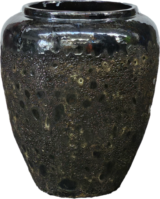 The Sorrento Tall Villa Antique Brown pot displays a textured, dark ceramic design with a glossy finish. Its round shape and wide top opening give it an elegant style, measuring 55x66cm.