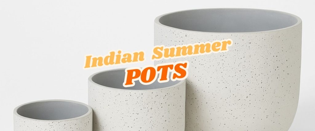 Three light gray speckled plant pots of varying sizes with the text "Indian Summer POTS" overlaid on the image—perfect picks for your home during our Easter Flash Sale.