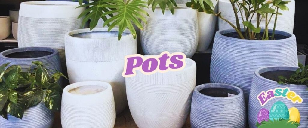 Various white and blue gradient plant pots, perfect for the upcoming shopping event, showcase lush leafy green plants. Text overlay reads "Pots" with an Easter sticker playfully placed in the corner.
