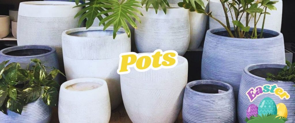 A vibrant "Easter Shopping Event" sticker enhances the arrangement of white and blue ceramic pots filled with lush green plants, creating a lively display.