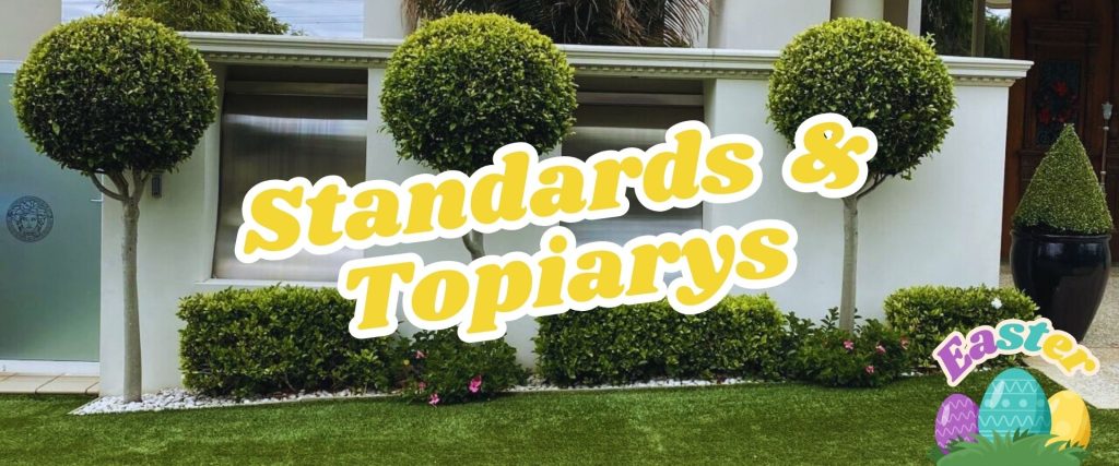Decorative trees and shrubs grace a manicured garden, adorned with the text "Standards & Topiarys" in yellow. Easter-themed graphics highlight the corner, perfectly capturing the spirit of an Easter Shopping Event.
