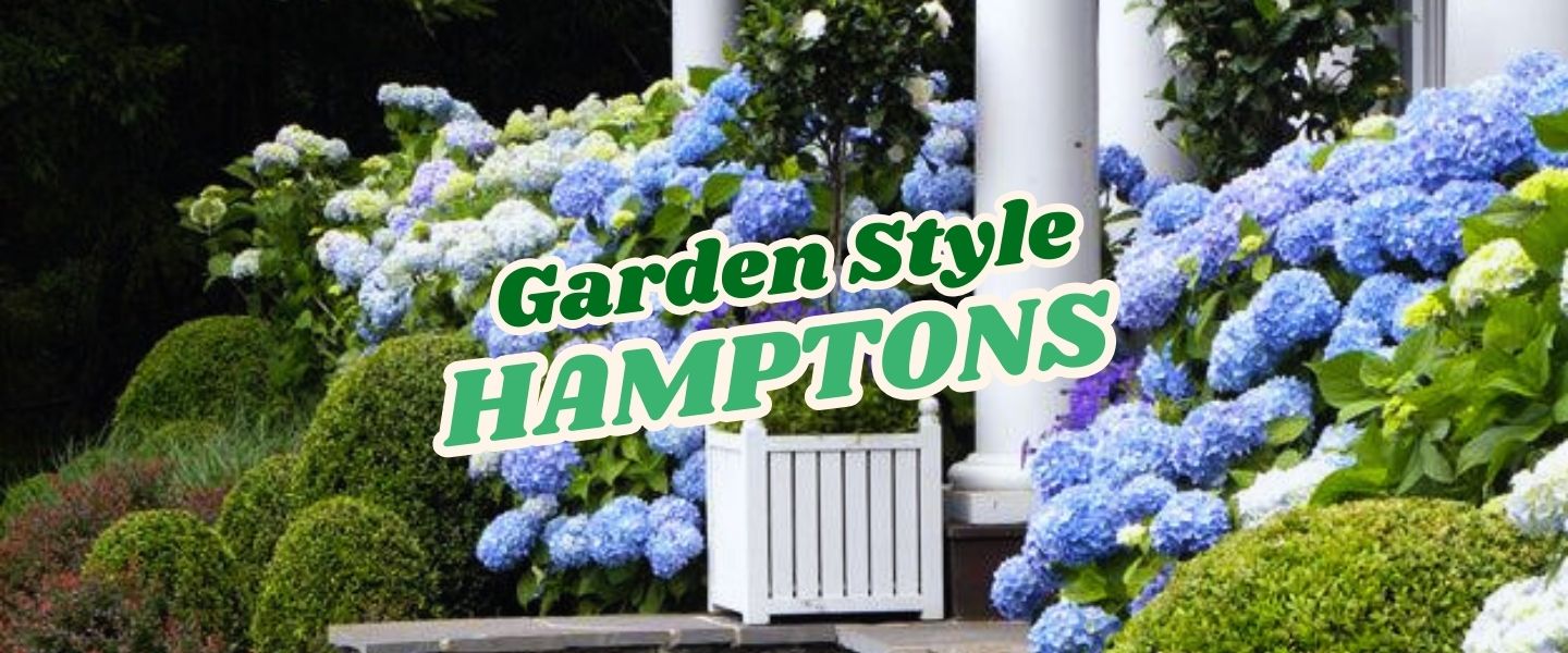 Hydrangea bushes and manicured hedges surround the entrance of a house; overlaid text reads "Garden Style HAMPTONS. Join our Live Shopping Event: Indian Summers.