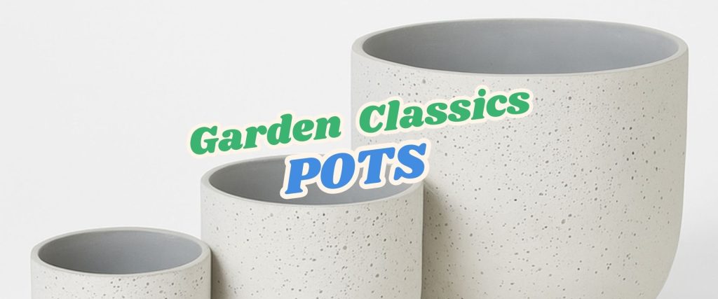 Three white speckled plant pots of varying sizes are shown with the text "Garden Classics POTS" overlaid, perfect for your next Live Shopping Event: Indian Summers.