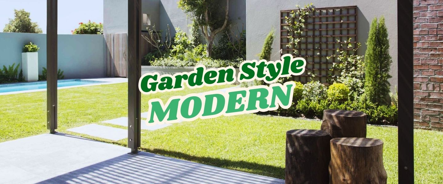 A modern garden with neatly trimmed grass, geometric planters, a pool, and minimalist wooden stools, viewed from a shaded patio. Text reads "Garden Style MODERN: Live Shopping Event—Indian Summers.