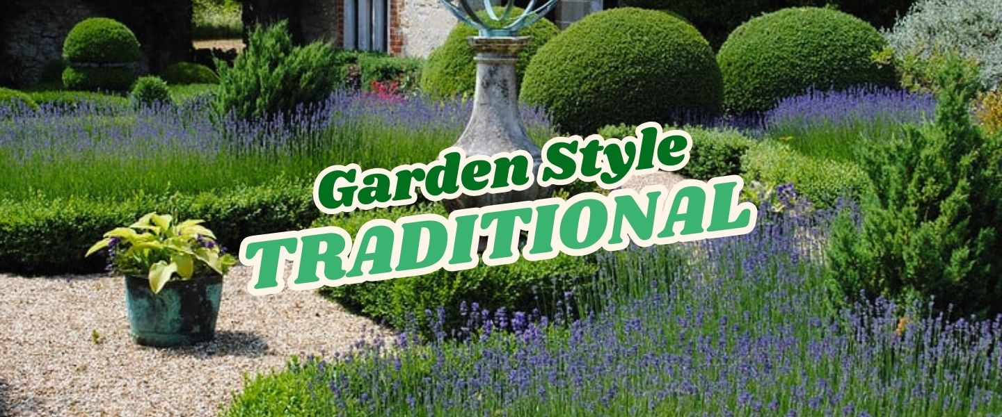 A traditional garden with neatly trimmed hedges, lavender borders, a sundial centerpiece, gravel paths, and a potted plant in the foreground. Text reads "Garden Style TRADITIONAL – featured at our Live Shopping Event: Indian Summers.