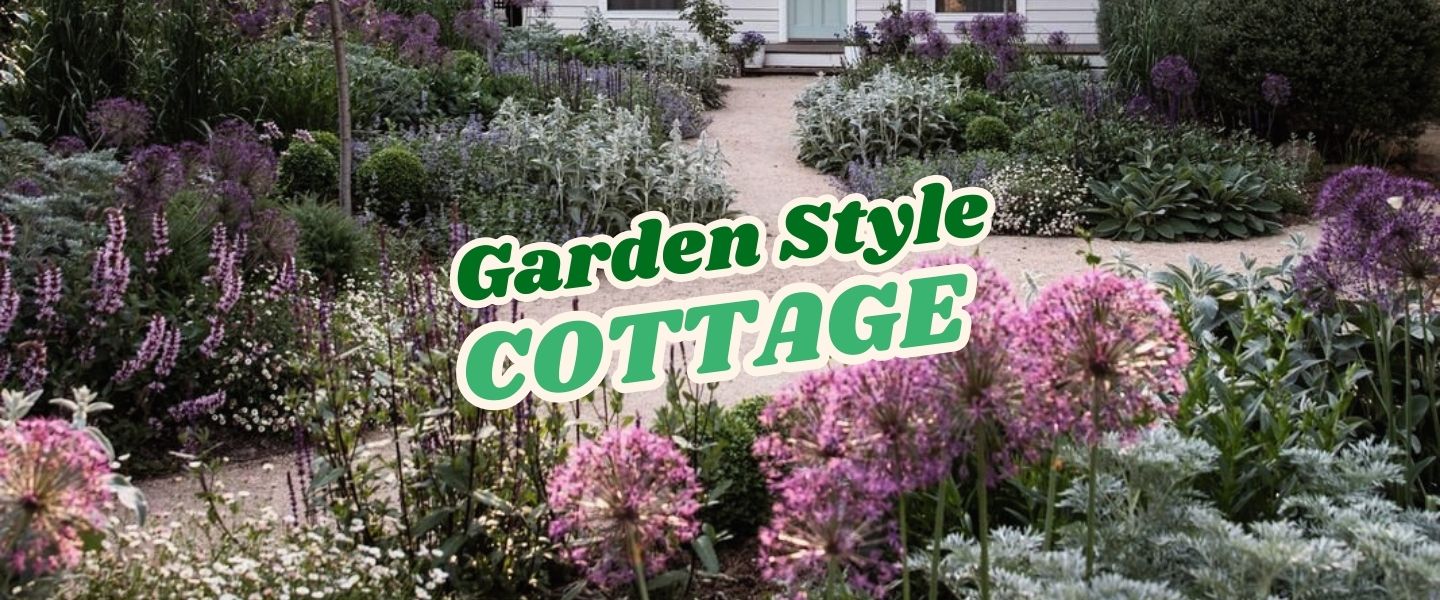 A cottage garden with winding gravel paths, dense purple and pink flowering plants, and a house in the background. Text overlay reads "Garden Style Cottage." Perfect inspiration for your next Live Shopping Event: Indian Summers!.