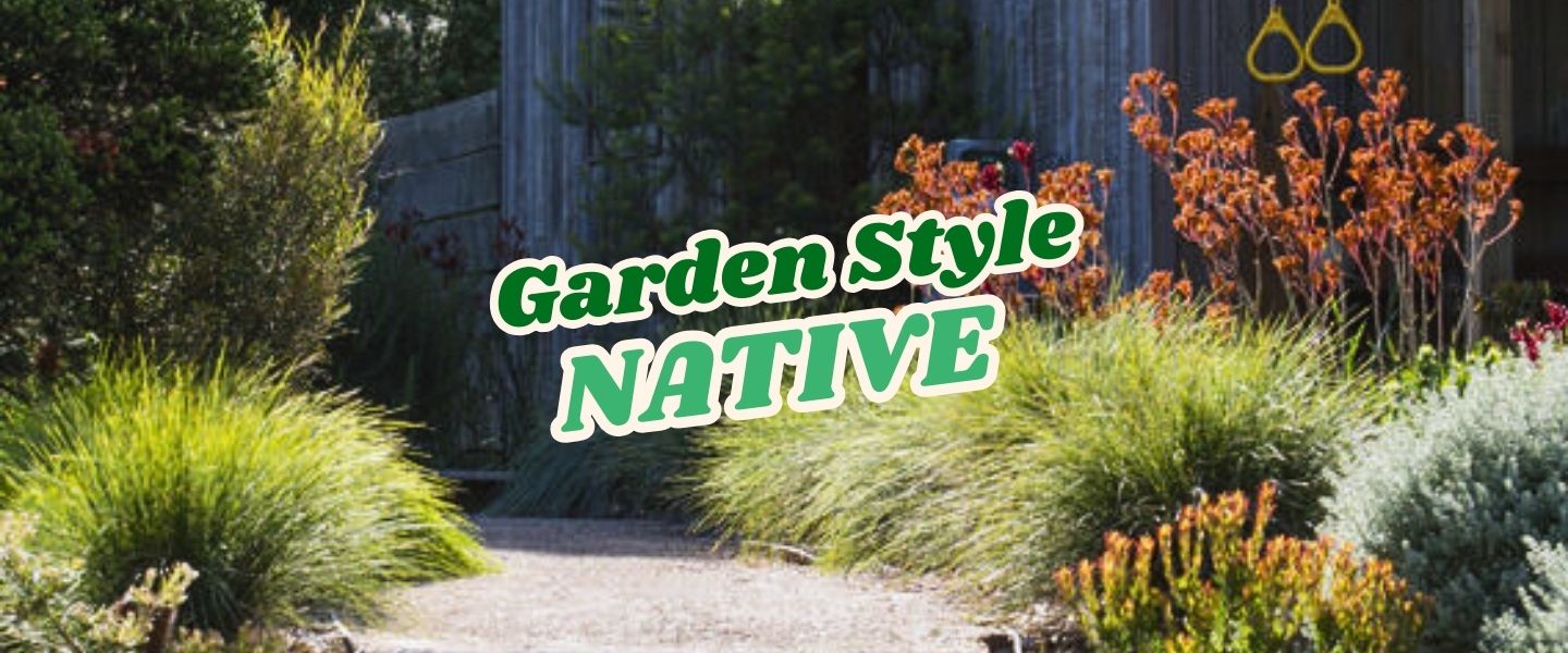 A garden with native plants and grasses lining a stone path, overlaid with bold green and white "Garden Style NATIVE" text—perfect inspiration for your Live Shopping Event: Indian Summers.