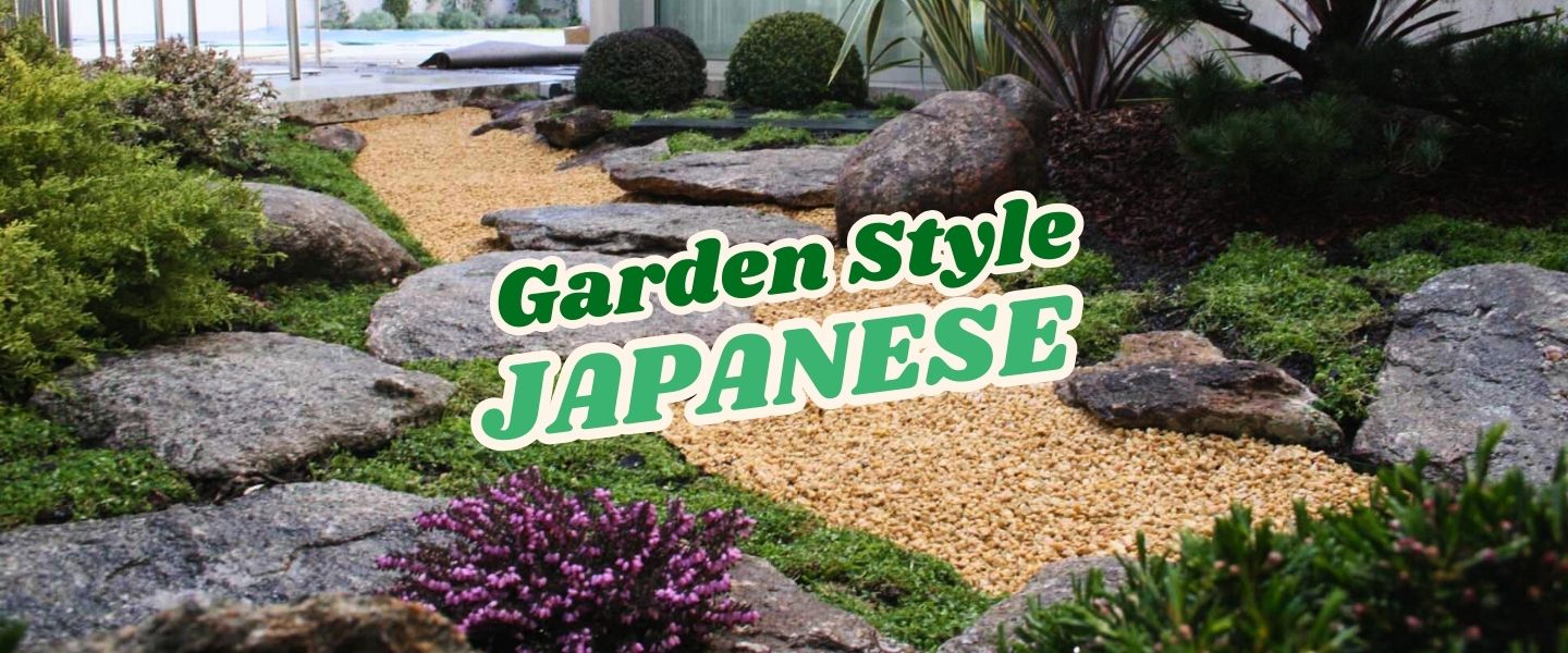 Japanese-style garden with large stones, green plants, and a gravel pathway; text reads "Garden Style JAPANESE" in the center. Perfect inspiration for your next Live Shopping Event: Indian Summers.