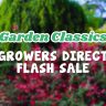 Text over a blurred image of a garden reads: "Sale on Garden Classics—Growers Direct Flash Sale.
